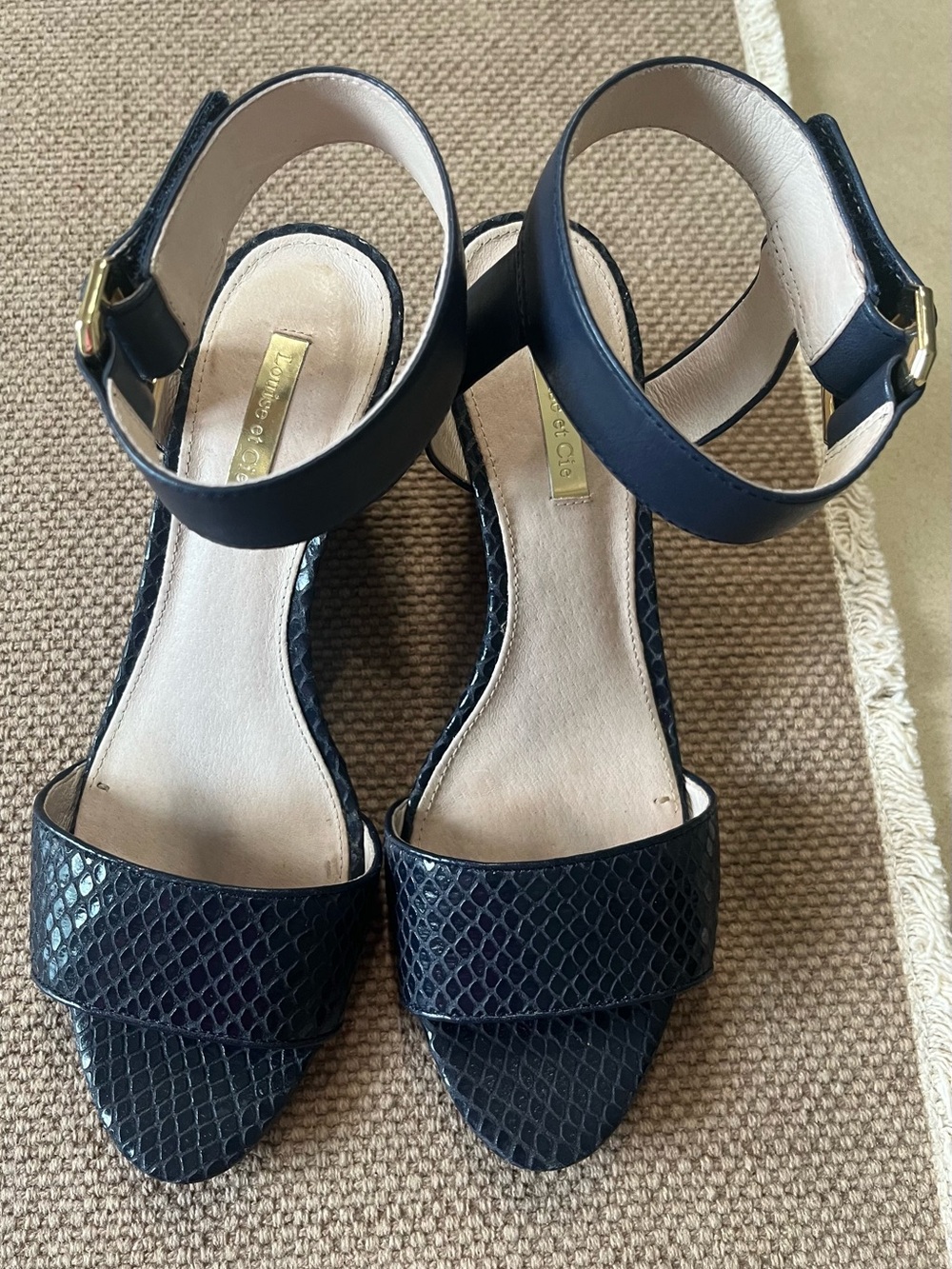 Louise et Cie Navy Snake-Embossed Ankle-Strap Block Heels
